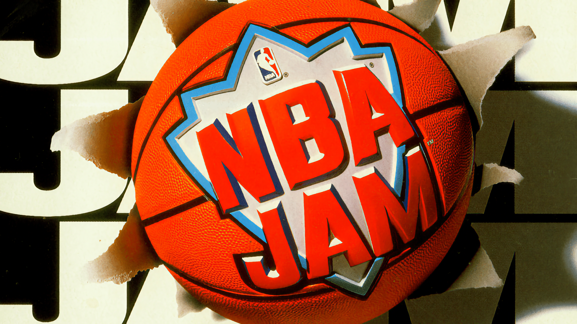 An NBA Jam branded basketball bursting through cardboard that says JAM three times on it