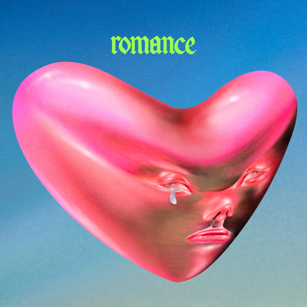 The artwork for the Fontaines D.C. album "Romance". There's an illustration with an oddly shaped pink heart with a distorted face on it, tears dripping from its eyes. the word "romance" hovers above it in neon green, all over a sky blue background.