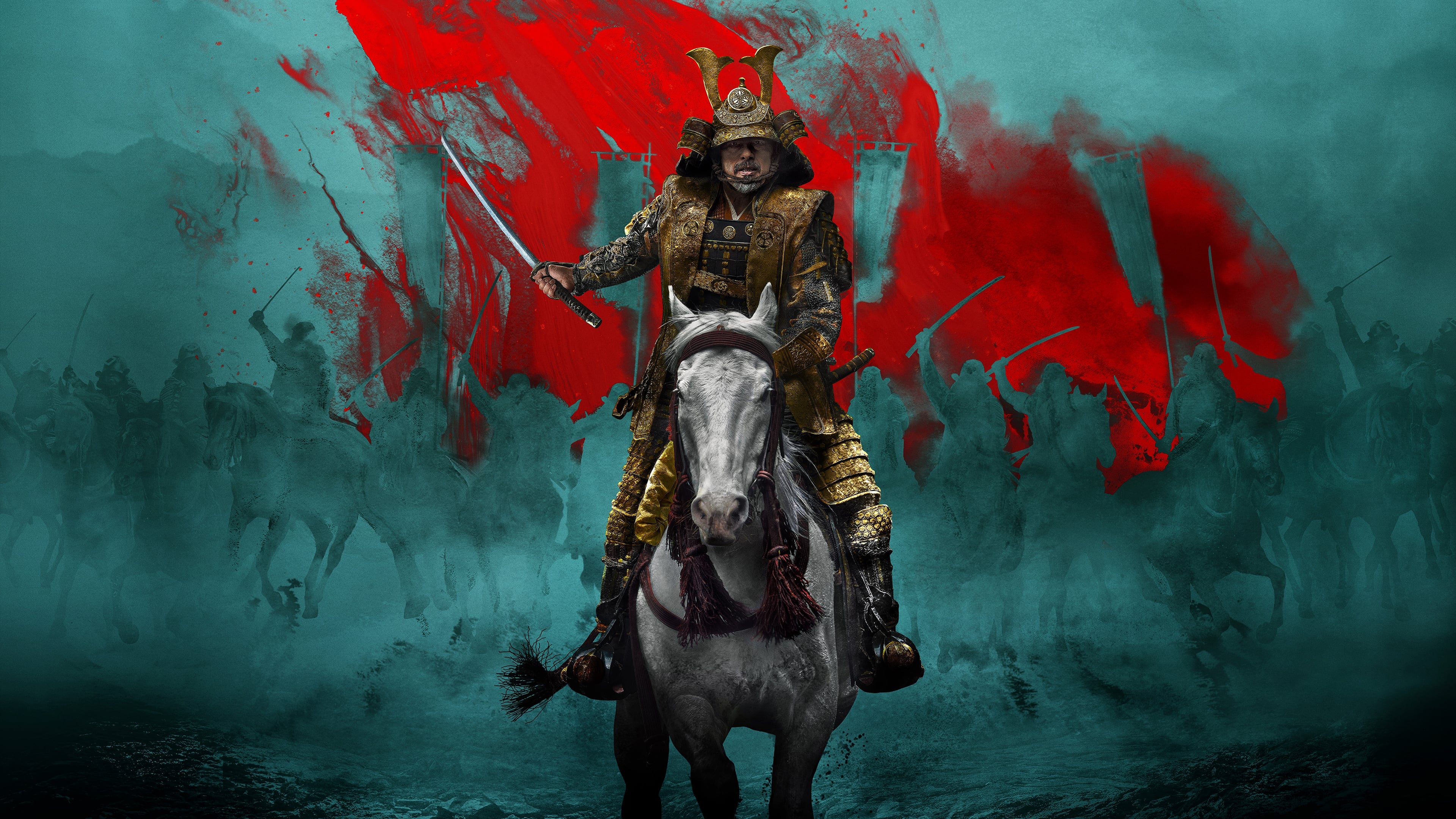 An artistic photo of a man holding a sword riding a horse, centered in a horizontal layout with a green and red backdrop.